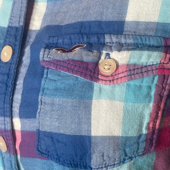 Hollister Women’s Plaid Button-Up Shirt Long Sleeve Blue Pink Purple size small - Picture 5 of 10